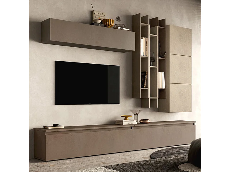 Parete attrezzata con libreria sospesa 276x210 cm argilla e bronzo PAL28