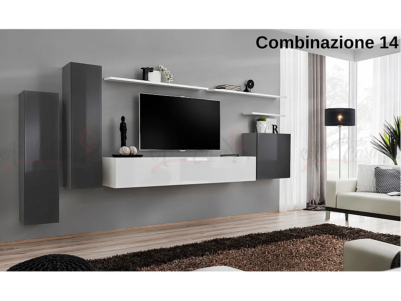 Parete attrezzata moderna sospesa PAP45 330x160 grigio e bianco