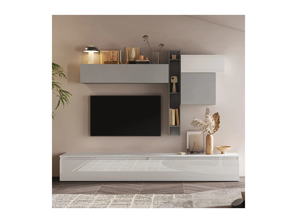 Parete attrezzata elegante 276x200 cm grigio/bianco lucido/grigio chiaro PAL37