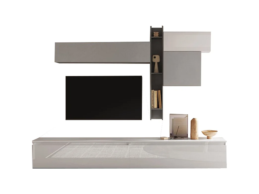 Parete attrezzata elegante 276x200 cm grigio/bianco lucido/grigio chiaro PAL37