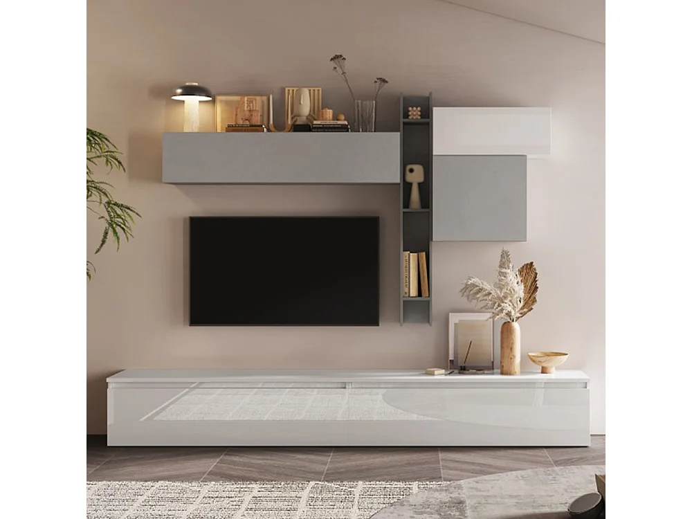 Parete attrezzata elegante 276x200 cm grigio/bianco lucido/grigio chiaro PAL37