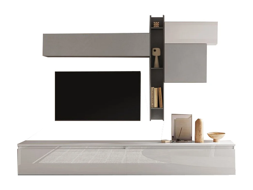 Parete attrezzata elegante 276x200 cm grigio/bianco lucido/grigio chiaro PAL37