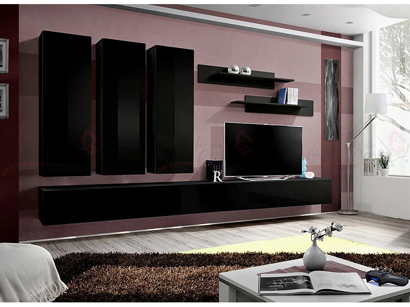 Parete attrezzata soggiorno con tre pensili verticali 320x190 nero PAP91