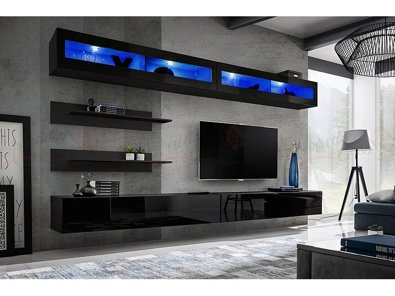 Parete attrezzata da soggiorno moderna con pensili orizzontali e led 320x180 nero PAP103