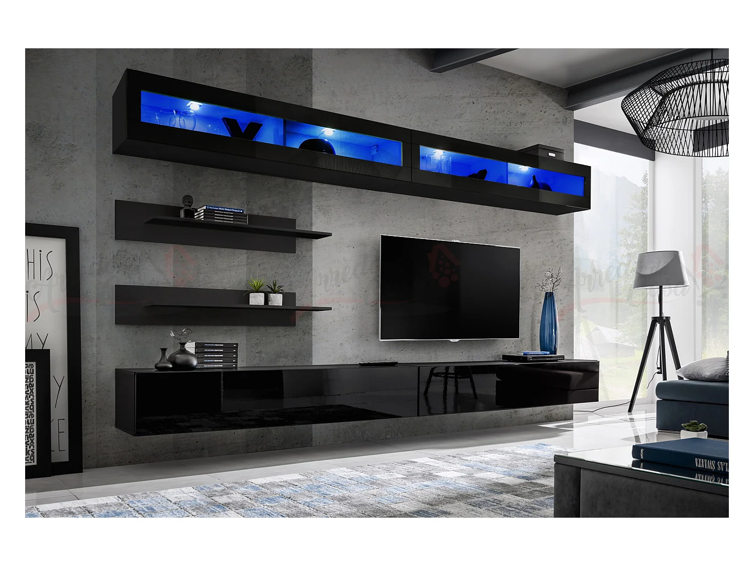 Parete attrezzata da soggiorno moderna con pensili orizzontali e led 320x180 nero PAP103