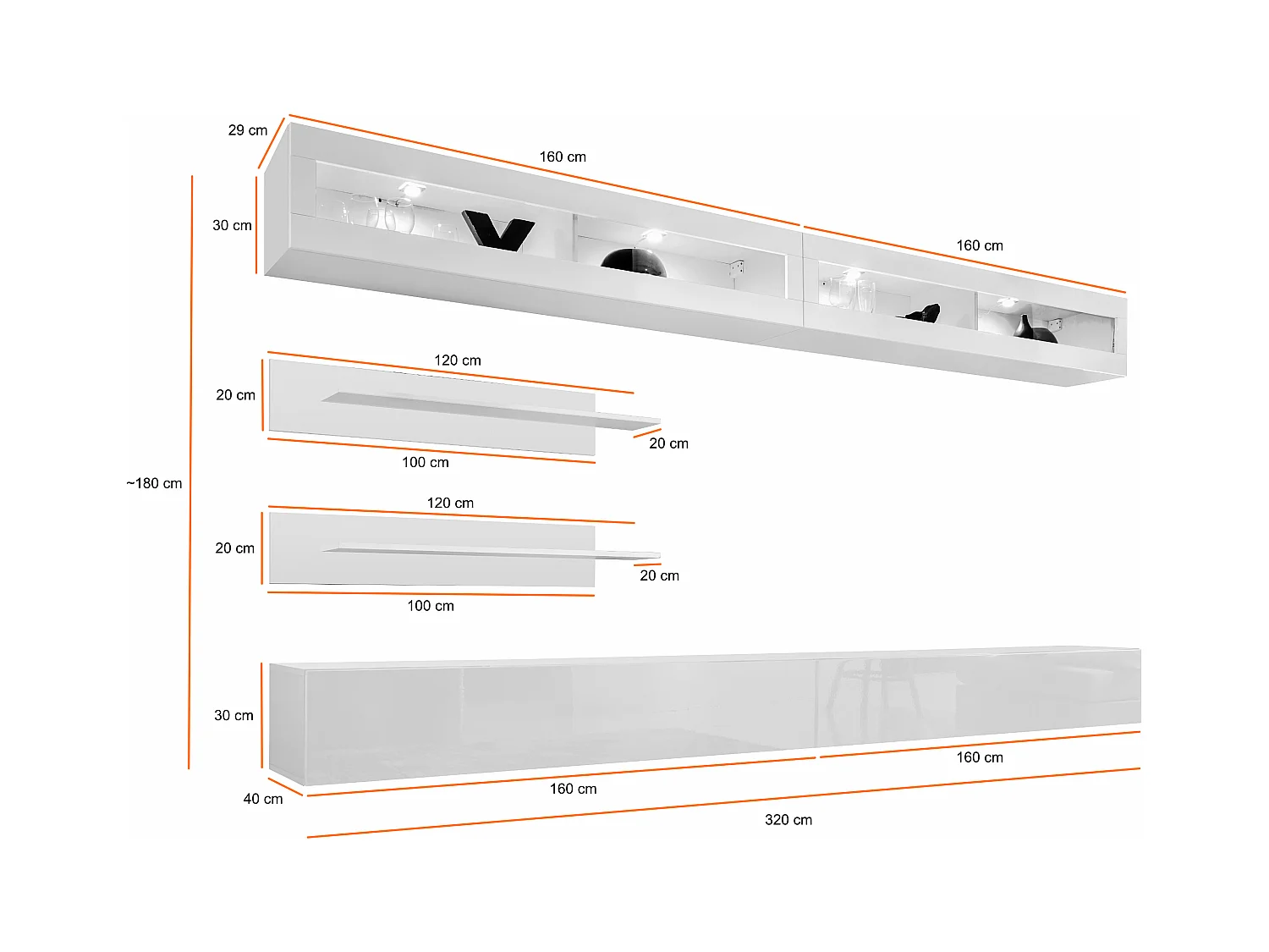 Parete attrezzata da soggiorno moderna con pensili orizzontali e led 320x180 nero PAP103