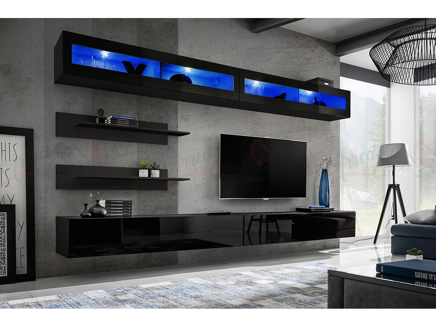 Parete attrezzata da soggiorno moderna con pensili orizzontali e led 320x180 nero PAP103