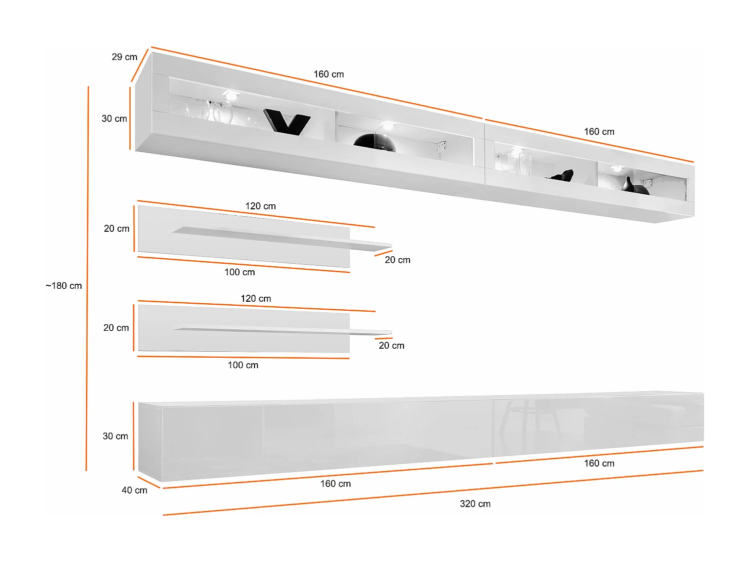 Parete attrezzata da soggiorno moderna con pensili orizzontali e led 320x180 nero PAP103