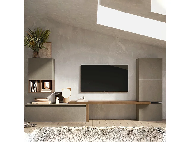 Parete attrezzata moderna 290x140 cm argilla e noce PAL26