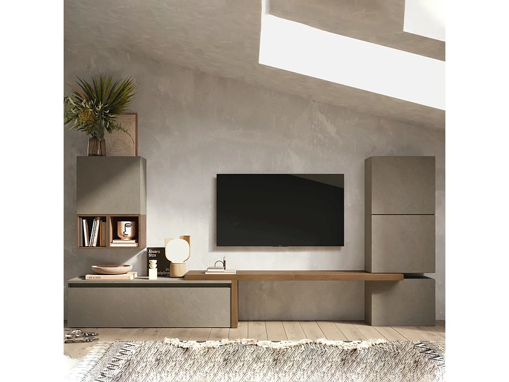 Parete attrezzata moderna 290x140 cm argilla e noce PAL26