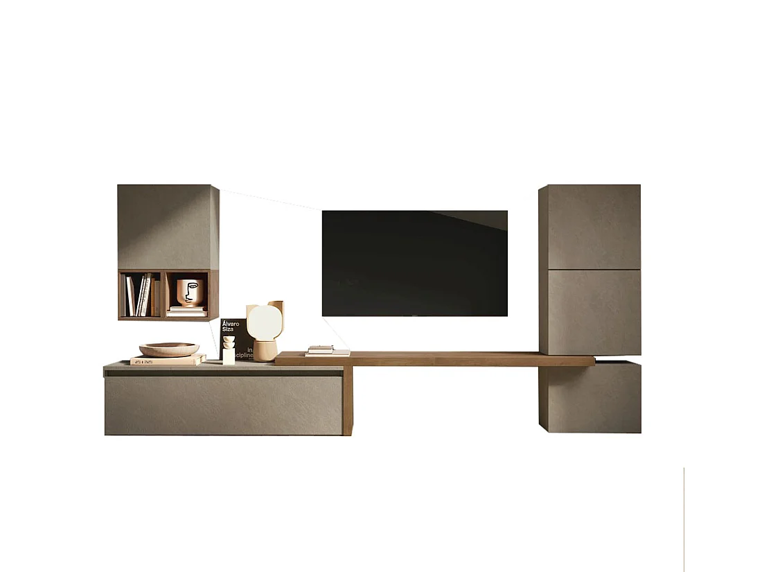 Parete attrezzata moderna 290x140 cm argilla e noce PAL26