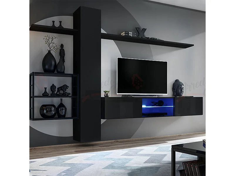 Parete attrezzata soggiorno con illuminazione led 180x270 nero PAP77