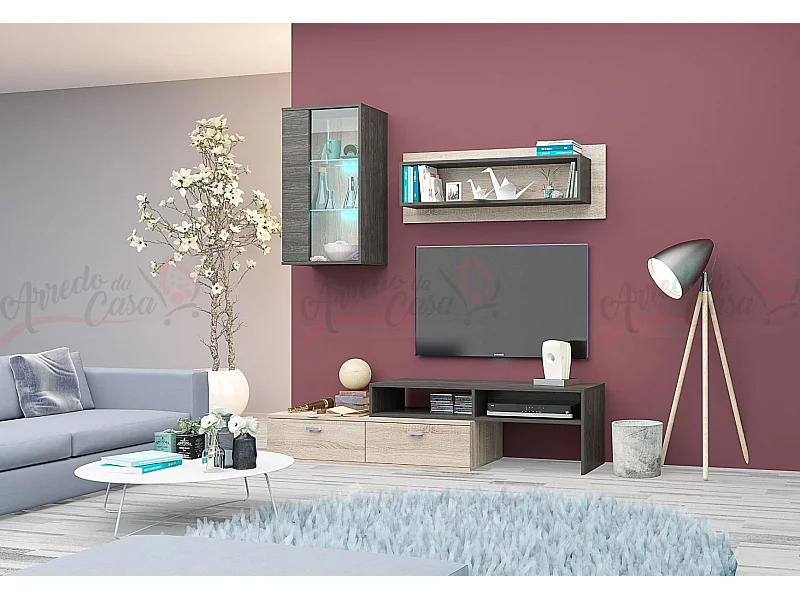 Parete soggiorno con led rovere sonoma/grigio carbone SG4