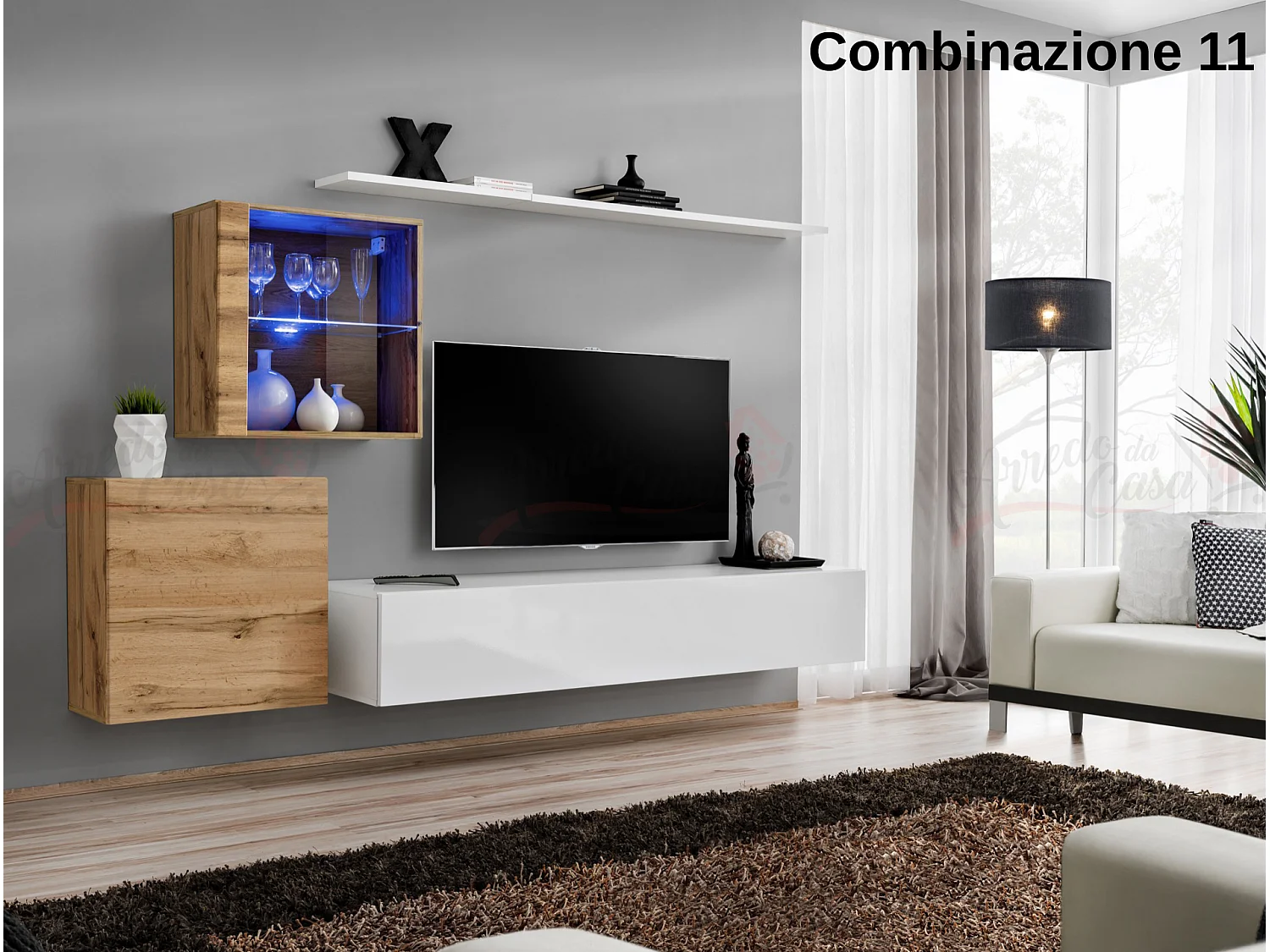 Parete attrezzata design moderno con vetrina illuminata PAP59 250x150 rovere e bianco