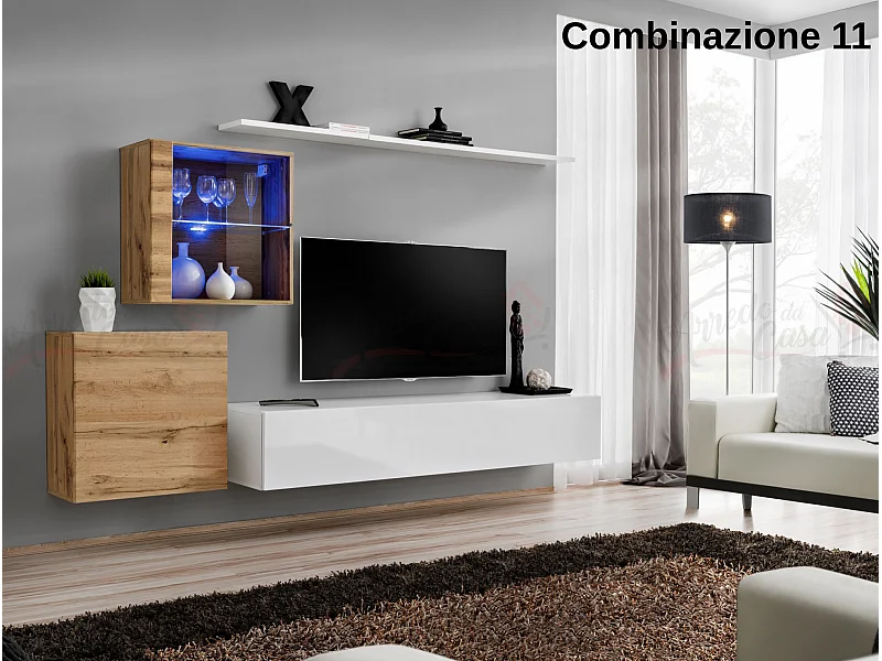 Parete attrezzata design moderno con vetrina illuminata PAP59 250x150 rovere e bianco