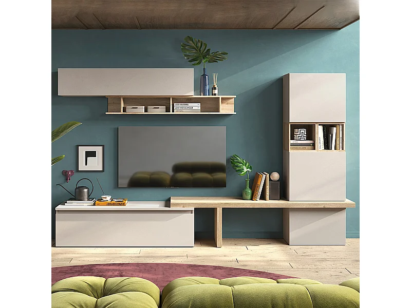 Parete attrezzata per soggiorno 310x175 cm rovere e beige PAL79