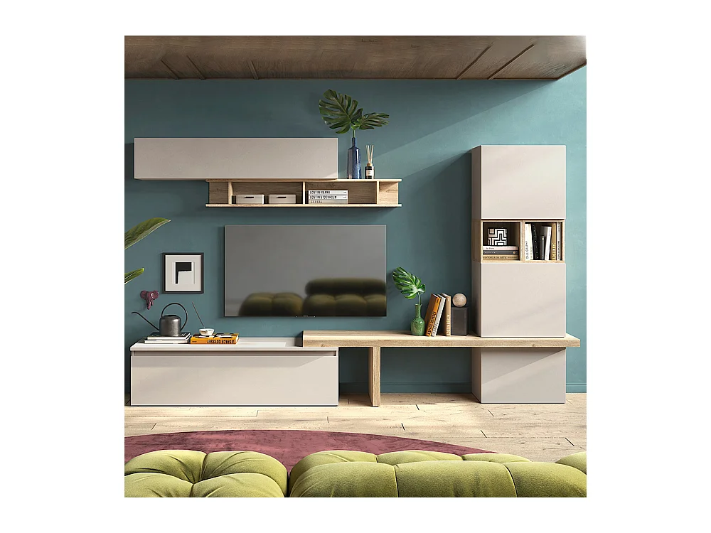 Parete attrezzata per soggiorno 310x175 cm rovere e beige PAL79