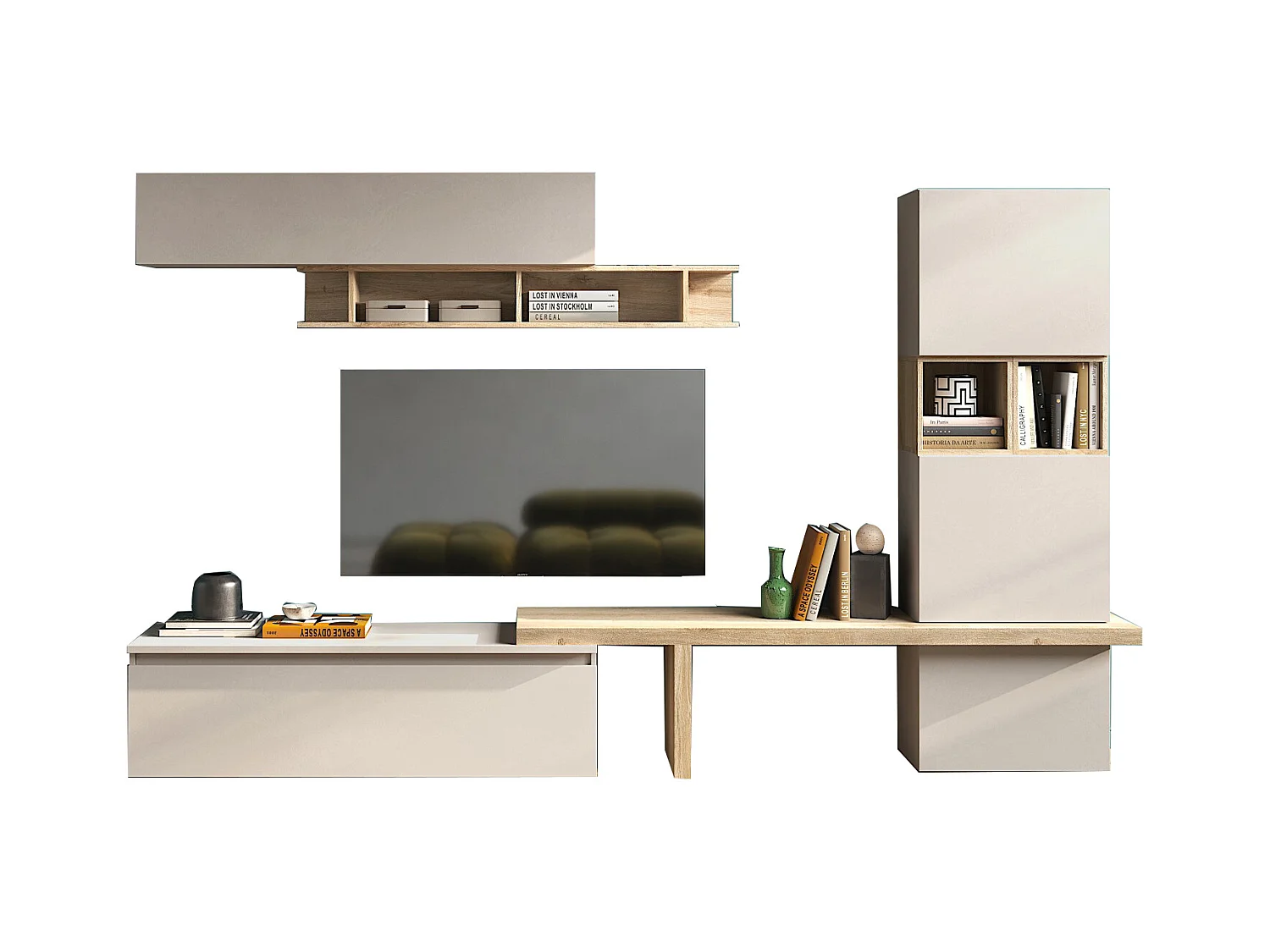 Parete attrezzata per soggiorno 310x175 cm rovere e beige PAL79