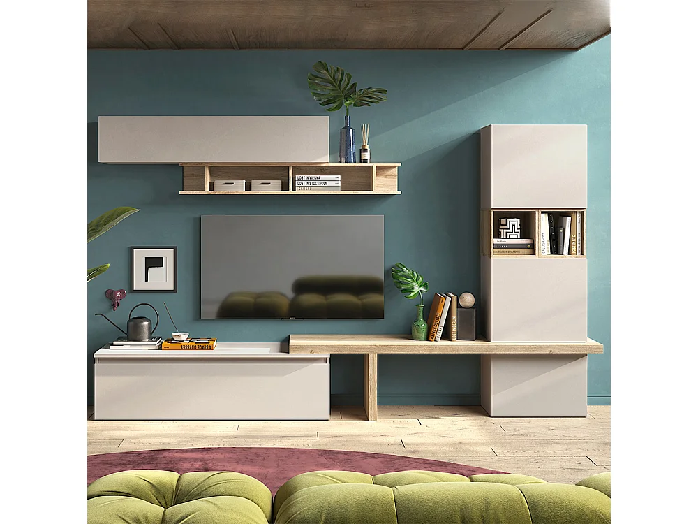 Parete attrezzata per soggiorno 310x175 cm rovere e beige PAL79