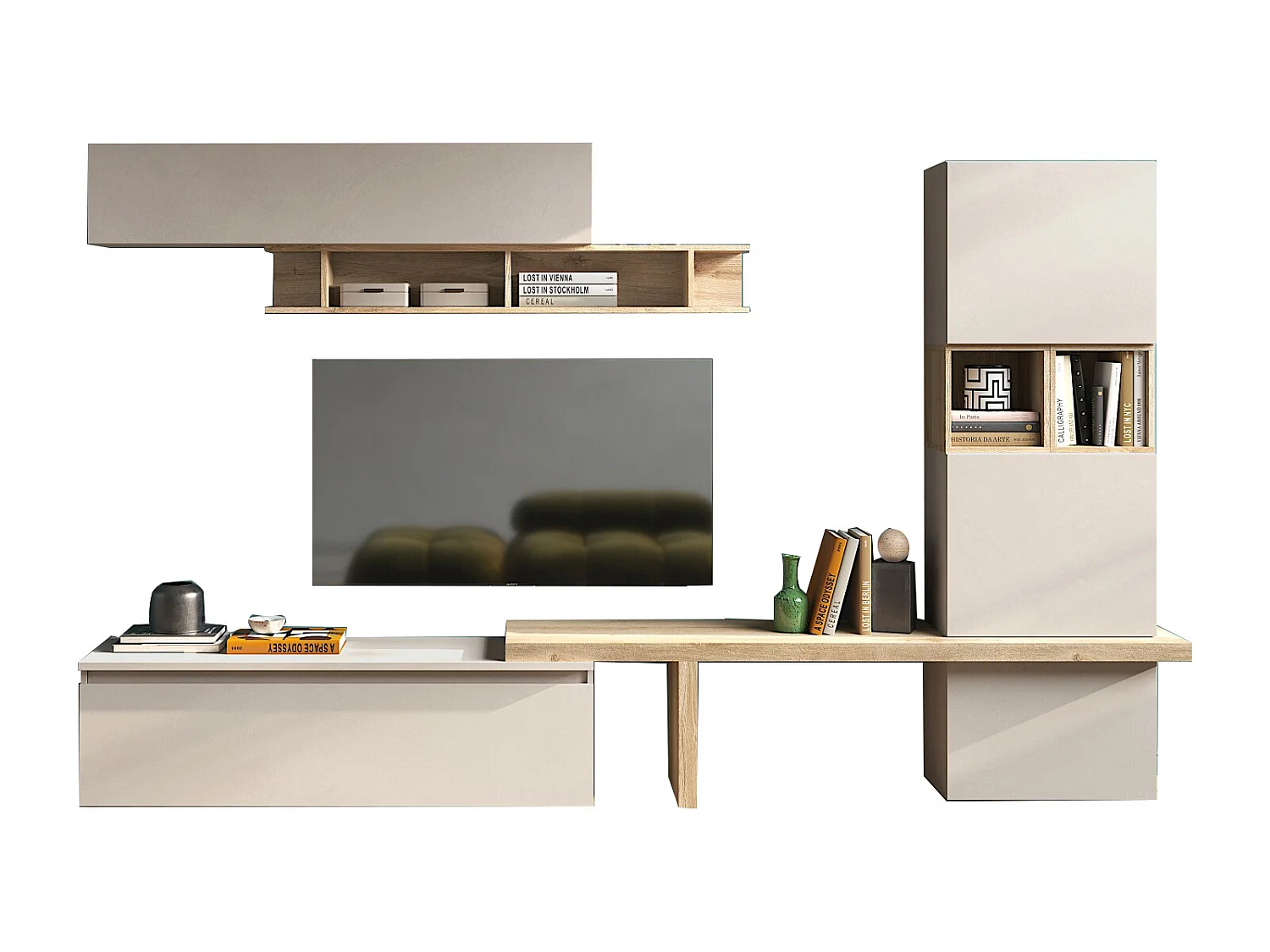 Parete attrezzata per soggiorno 310x175 cm rovere e beige PAL79