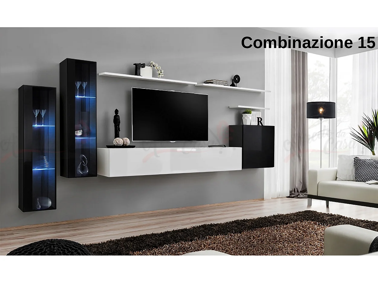 Parete attrezzata per soggiorno stile moderno PAP55 330x160 nero e bianco