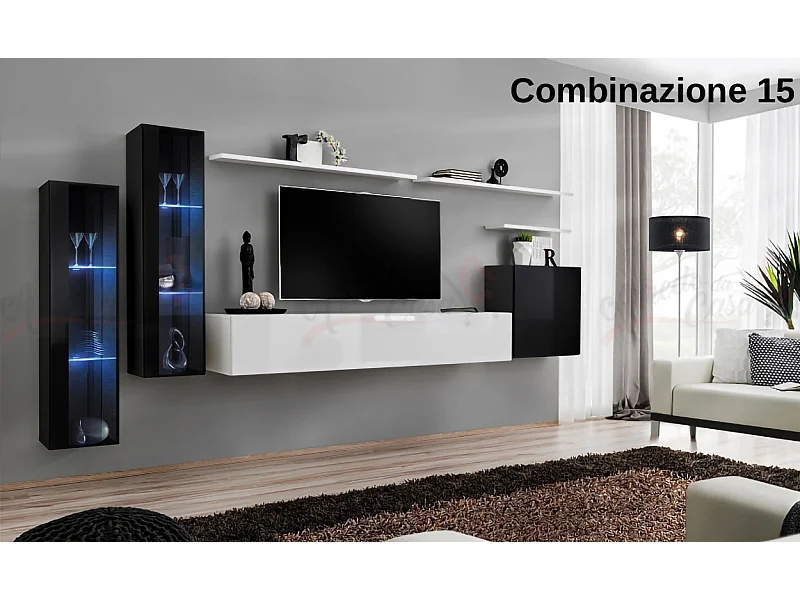 Parete attrezzata per soggiorno stile moderno PAP55 330x160 nero e bianco