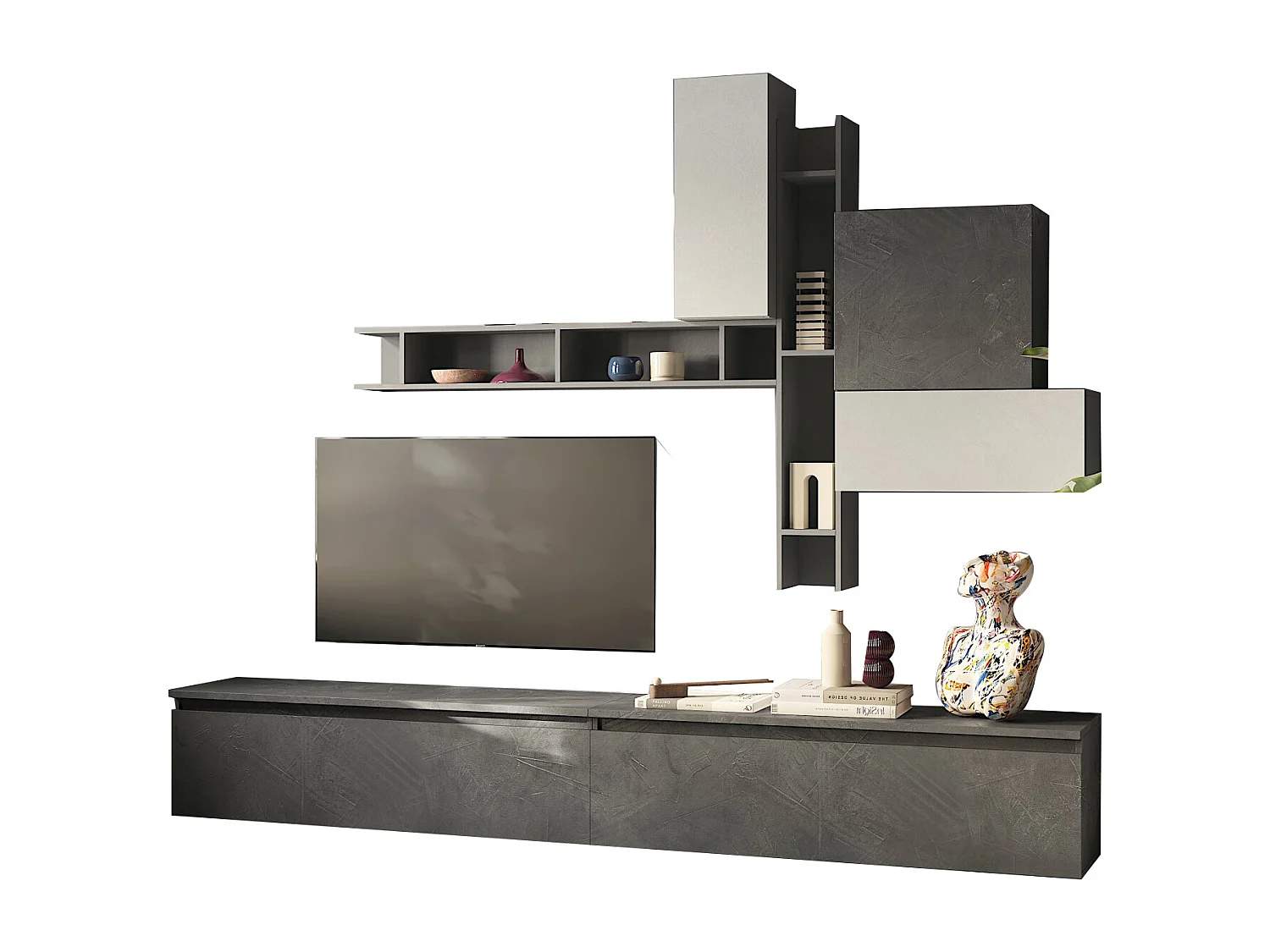 Parete attrezzata per soggiorno 276x228 cm grigia e piombo PAL78