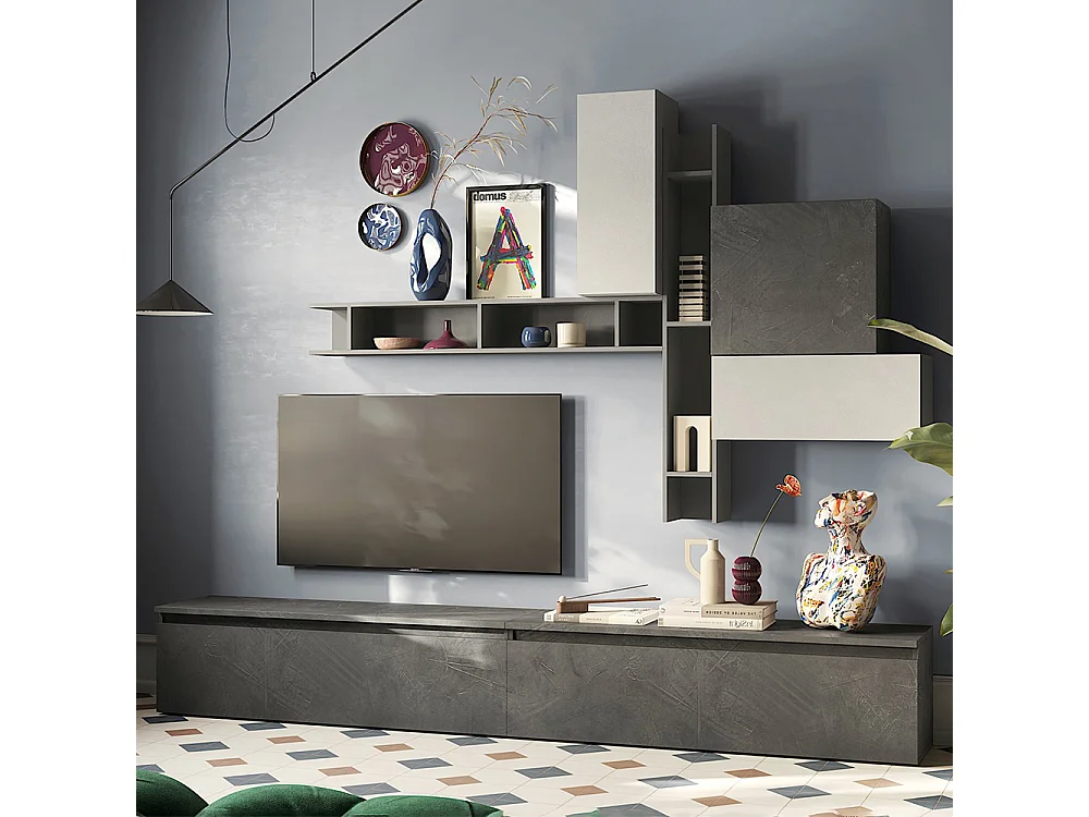 Parete attrezzata per soggiorno 276x228 cm grigia e piombo PAL78