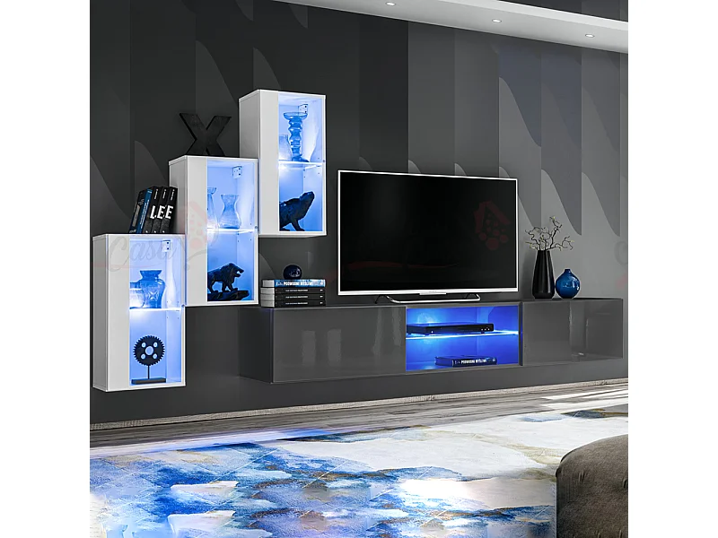 Parete attrezzata soggiorno moderna mobile TV sospeso 240x170 bianco e grigio PAP68