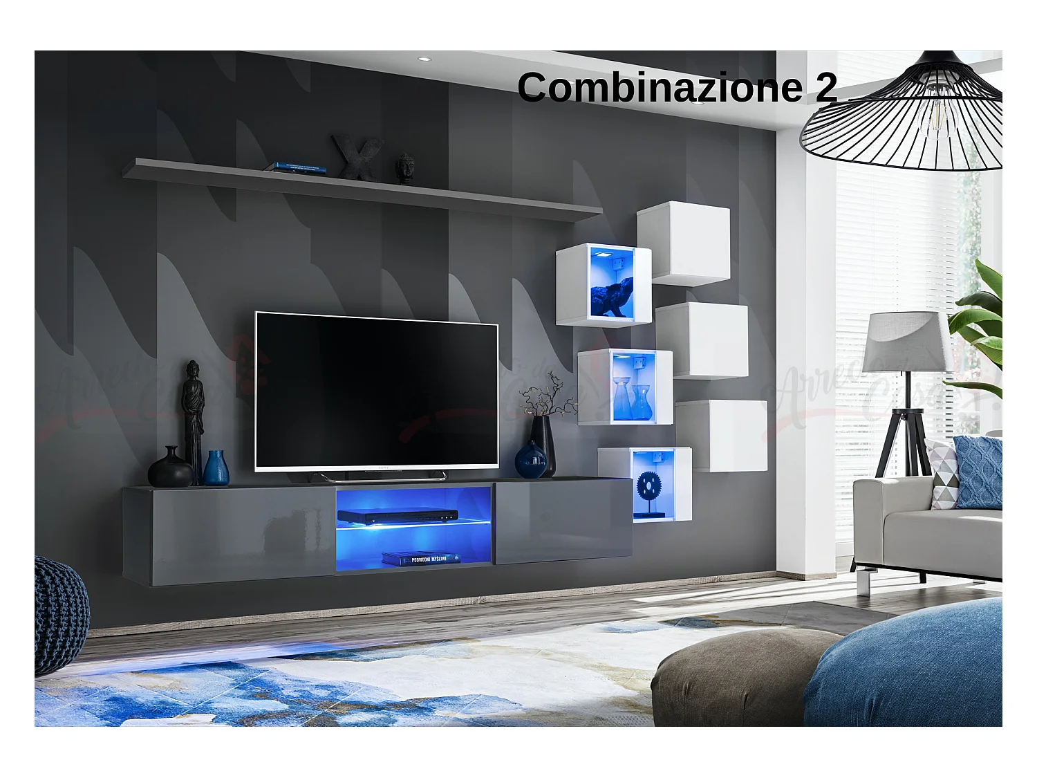 Parete attrezzata soggiorno con mobile TV sospeso 260x150 grigio e bianco PAP67