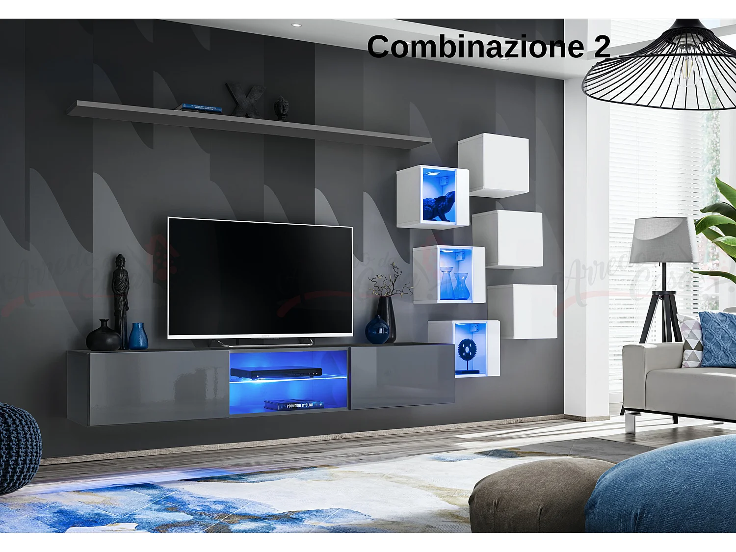 Parete attrezzata soggiorno con mobile TV sospeso 260x150 grigio e bianco PAP67