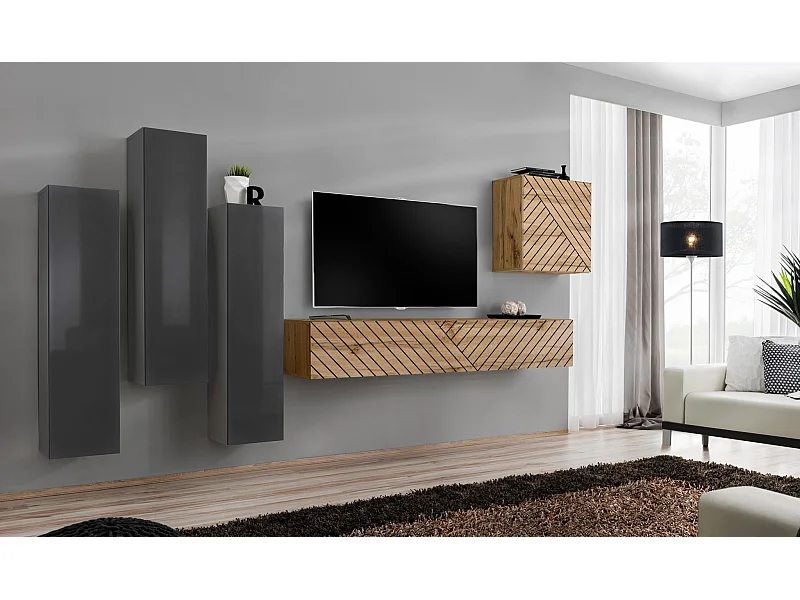 Parete attrezzata soggiorno sospesa PAP47 270x160 grigio e rovere