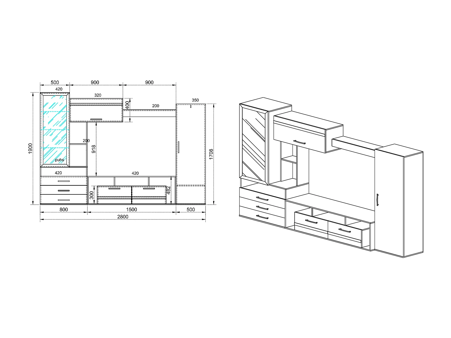 Parete attrezzata con vetrina effetto legno PAI6012 280x191 rovere e wenge