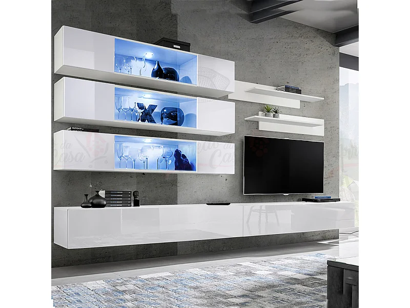 Parete attrezzata da soggiorno sospesa con vetrine orizzontali e led 320x170 bianco PAP107