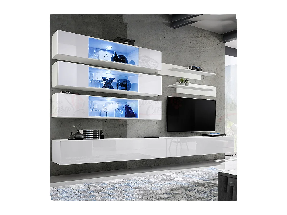 Parete attrezzata da soggiorno sospesa con vetrine orizzontali e led 320x170 bianco PAP107