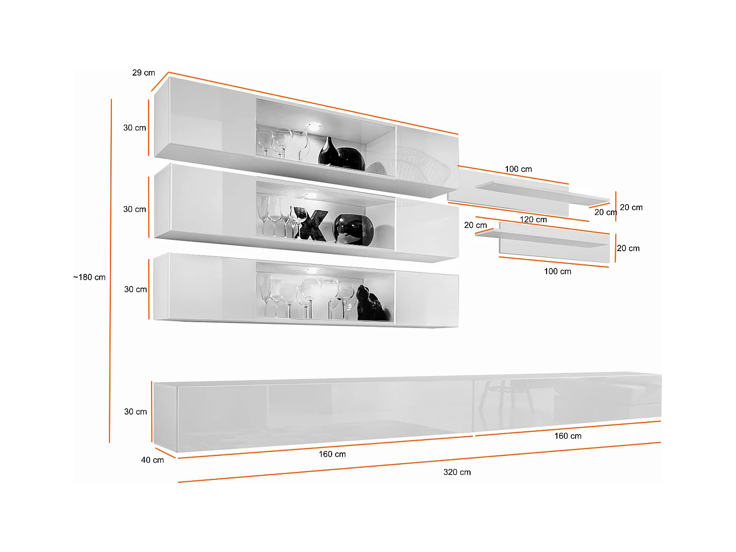 Parete attrezzata da soggiorno sospesa con vetrine orizzontali e led 320x170 bianco PAP107