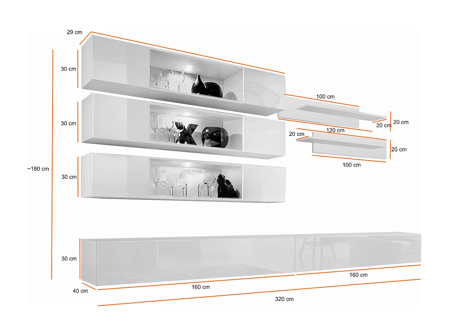 Parete attrezzata da soggiorno sospesa con vetrine orizzontali e led 320x170 bianco PAP107