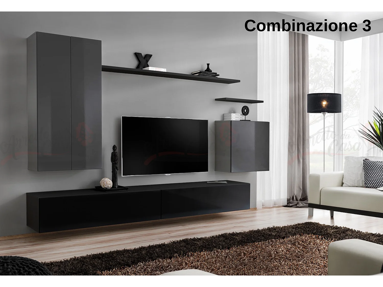 Parete attrezzata sospesa design moderno 270x160 grigio e nero PAP46