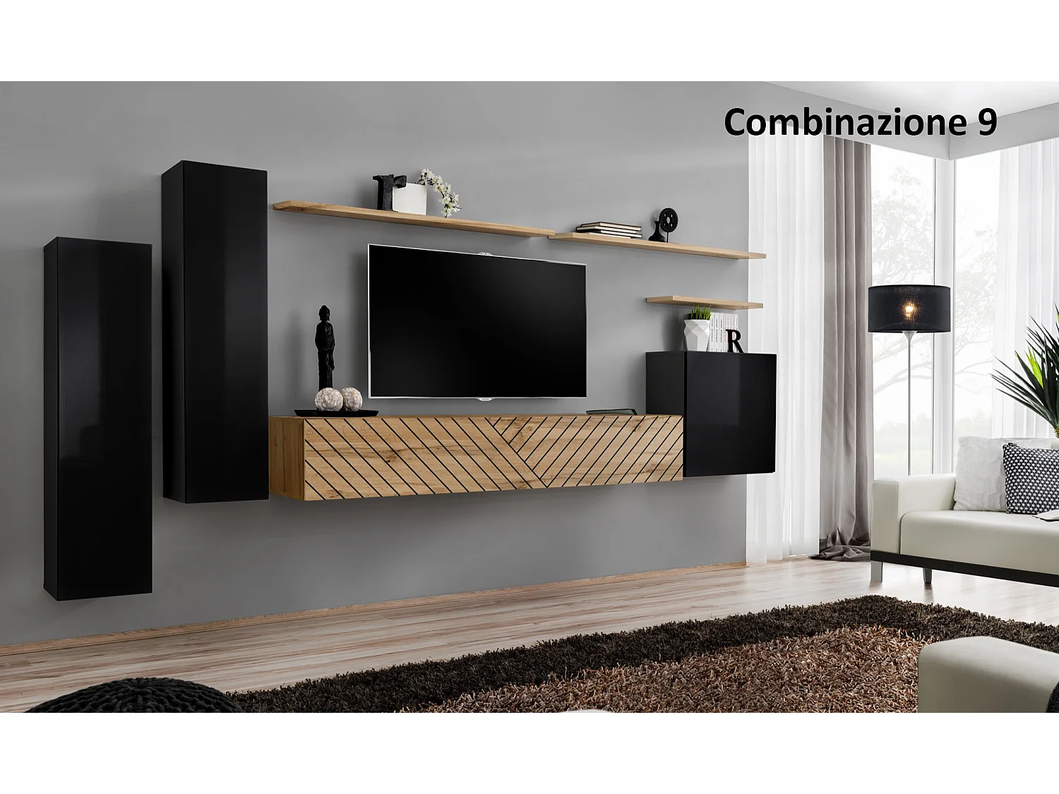 Parete attrezzata moderna sospesa PAP45 330x160 nero e rovere