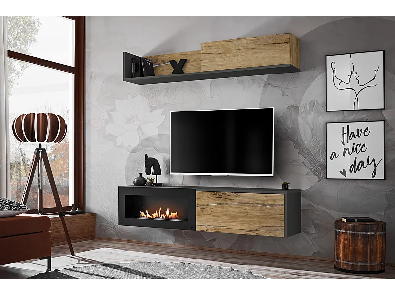 Parete attrezzata da soggiorno con biocamino mobile TV PAP134 180x180 antracite e rovere