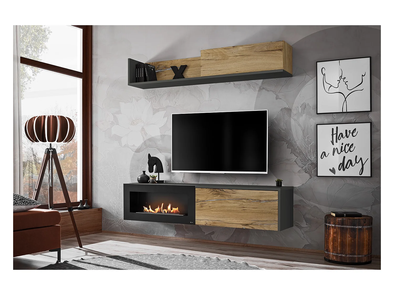 Parete attrezzata da soggiorno con biocamino mobile TV PAP134 180x180 antracite e rovere