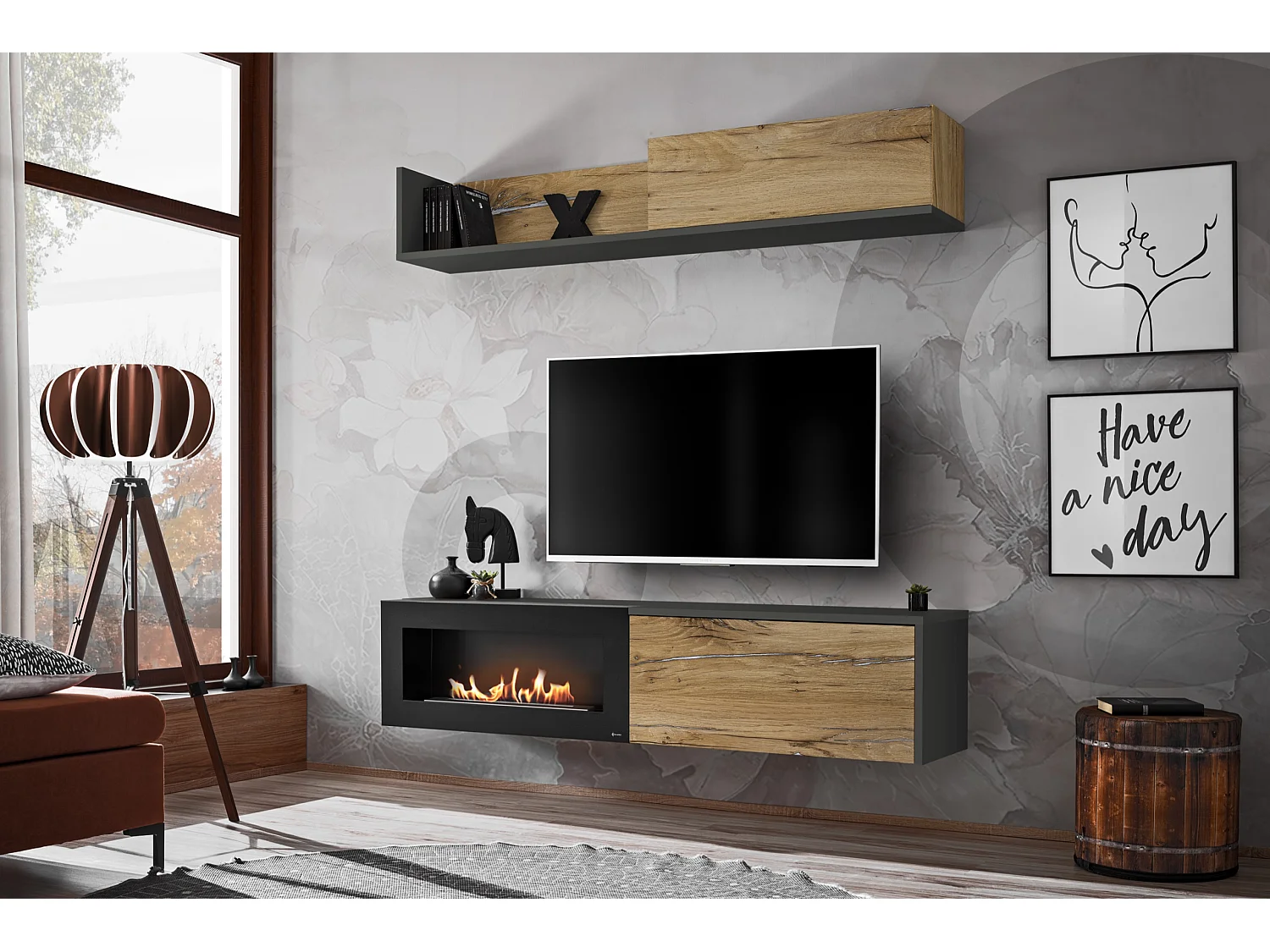Parete attrezzata da soggiorno con biocamino mobile TV PAP134 180x180 antracite e rovere