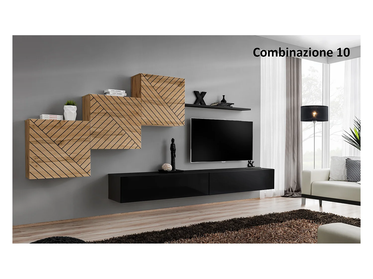 Parete attrezzata mobile TV moderna PAP54 330x160 rovere e nero