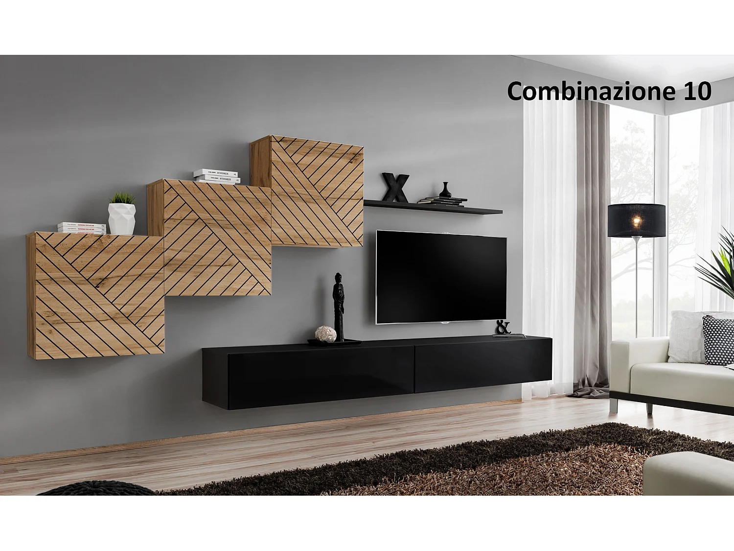 Parete attrezzata mobile TV moderna PAP54 330x160 rovere e nero