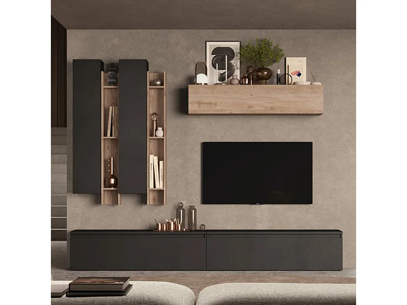 Parete attrezzata moderna 276x210 cm grafite e rovere PAL13