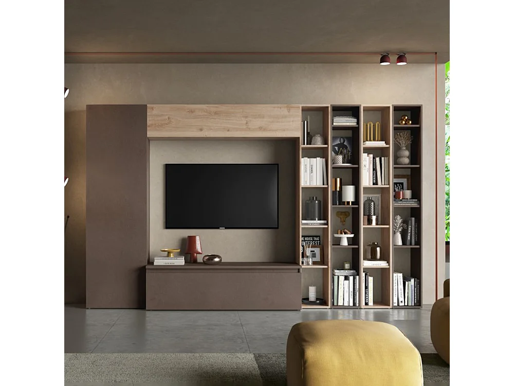 Parete attrezzata con libreria 305X186 cm bronzo e rovere PAL19