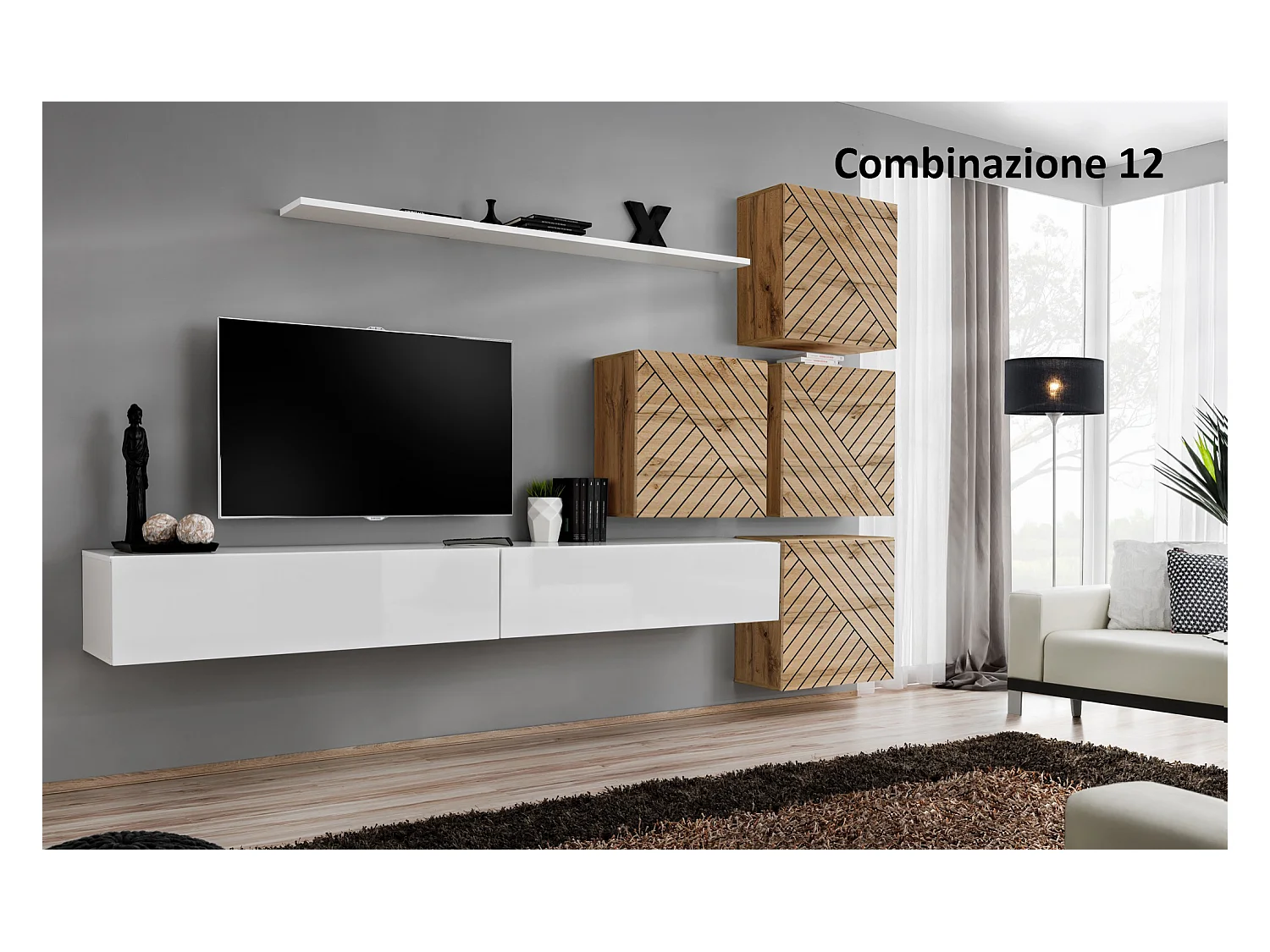 Parete attrezzata per soggiorno design moderno PAP53 310x200 bianco e rovere