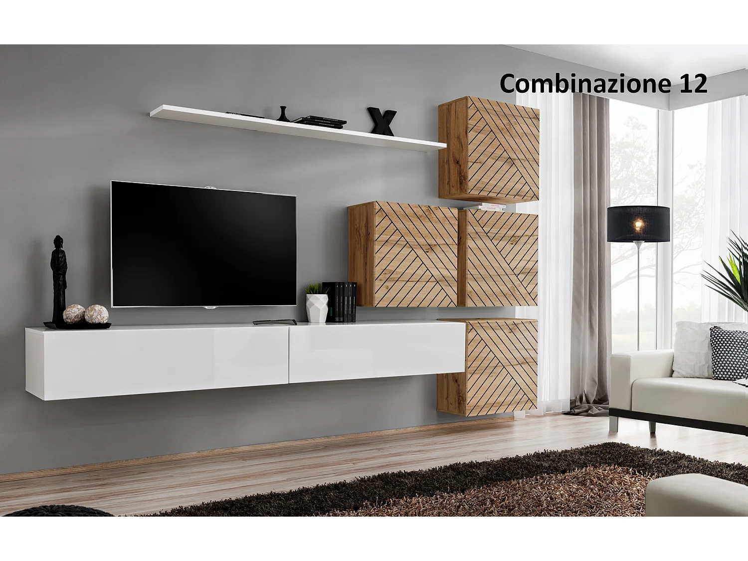 Parete attrezzata per soggiorno design moderno PAP53 310x200 bianco e rovere