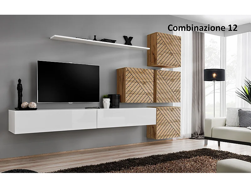 Parete attrezzata per soggiorno design moderno PAP53 310x200 bianco e rovere