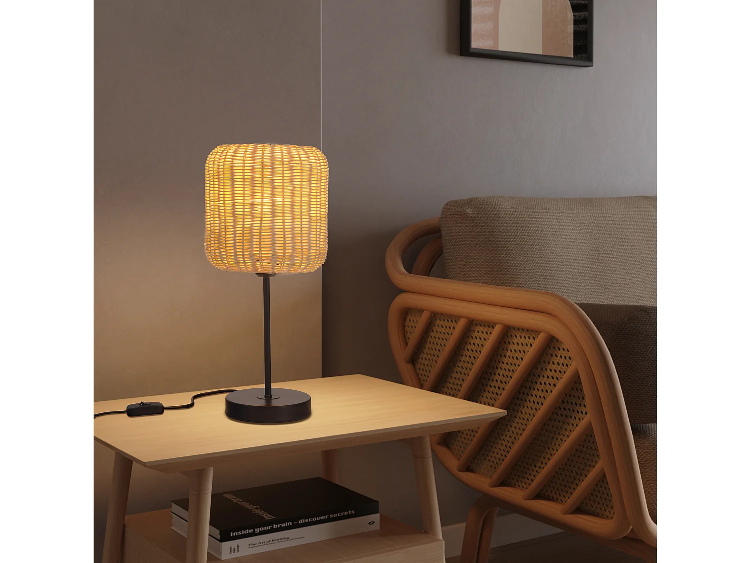 Lampe de table Cortic en rotin naturel/noir pour ampoule E27